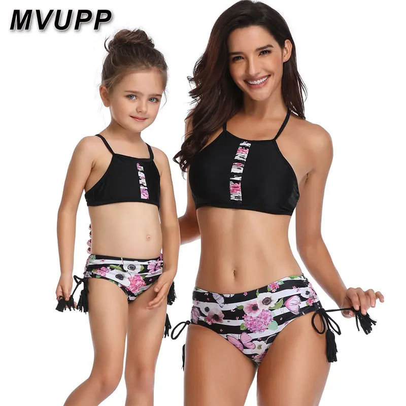 

MVUPP 2019 Family Matching Swimwear Mother Daughter Women Kid Bikini Bahitng Swimsuit Floral Printed New Cute Black Clothes Sets