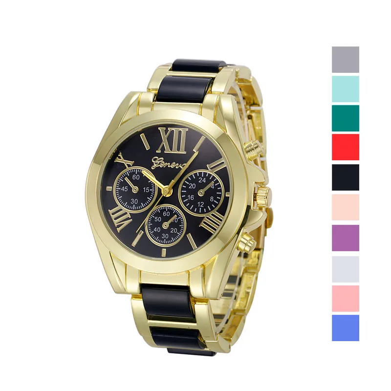 Роскошные Брендовые женские часы Geneva, Кварцевые аналоговые наручные часы с золотым ремешком, римскими цифрами, циферблатом, Relogio Feminino, 10 цветов
