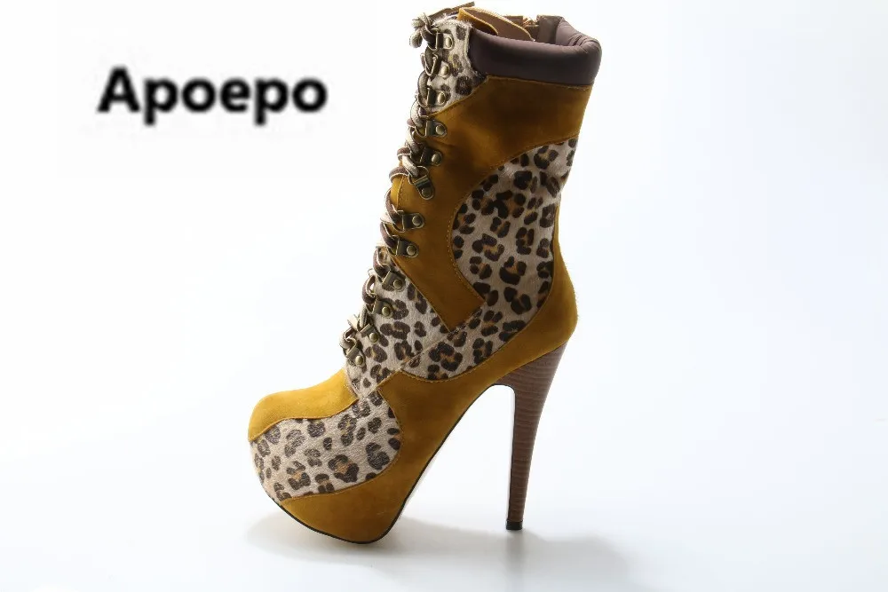 

Newest Sexy 16 cm High Heels Leopard Print Women Boots Round Toe Lace-up Platform Shoes Winter Ankle Boots Booties Mujer 2018