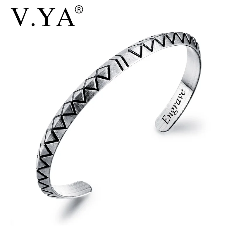 

V.YA Customizable Engraving Stainless Steel Bangle for Man Patterned rhomboid opening Bracelets for Men Casual Personalized gift