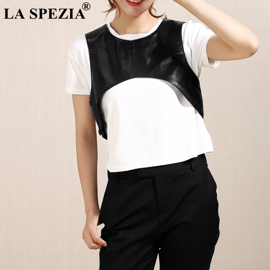 LA SPEZIA Women Waistcoat Short Solid Black Vest Ladies Luxury Genuine Sheepskin Leather Slim Female Spring Sleeveless Jackets