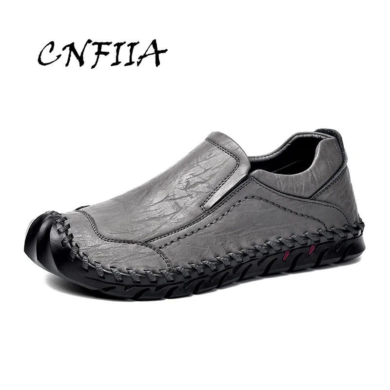 

CNFIIA Men Shoes Leather Moccasins Male Casual Working Safety Shoes Gray Black 2018 Autumn New Man Handmade Slip-On Anti-Slip