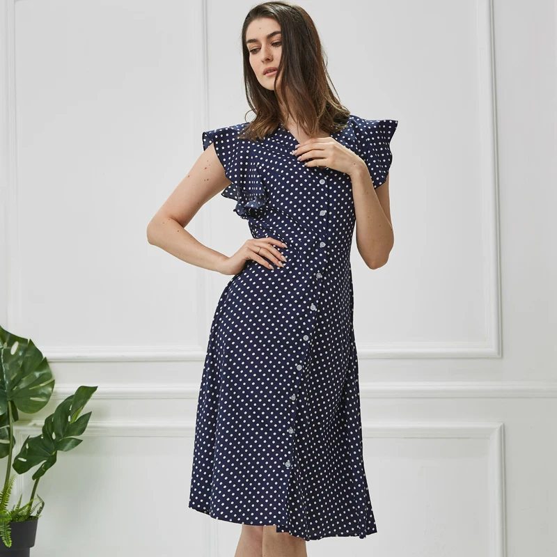 Billige Tangada polka dot kleid für frauen büro midi kleid 80s 2019 vintage nette A line kleid rot blau rüsche hülse vestidos AON08