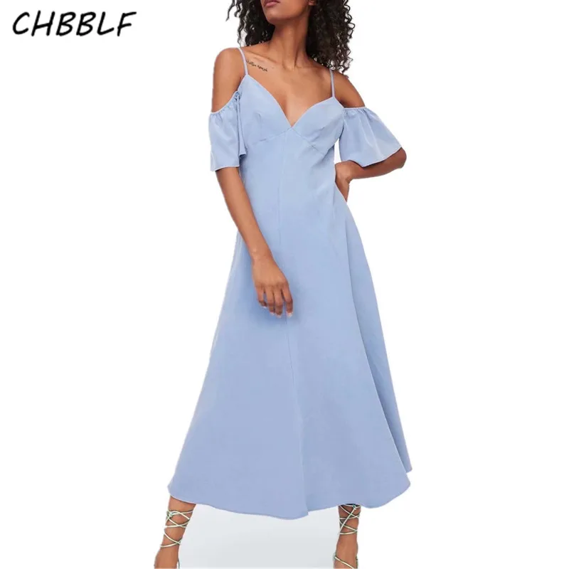 

CHBBLF women elegant solid V neck dress spaghetti straps sleeveless back zipper casual dresses chic vestidos A9389