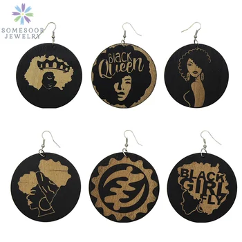 

SOMESOOR Carved African Woman Wooden Dangle Earrings Black Girl Fly Afro Queen Natural Hair Ethnic Adinkra Melanin Jewelry 6Pair