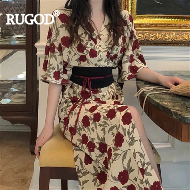 

RUGOD Women vintage kimono dress floral print v neck split slim empire long dress new arrival summer fashion female elegant robe