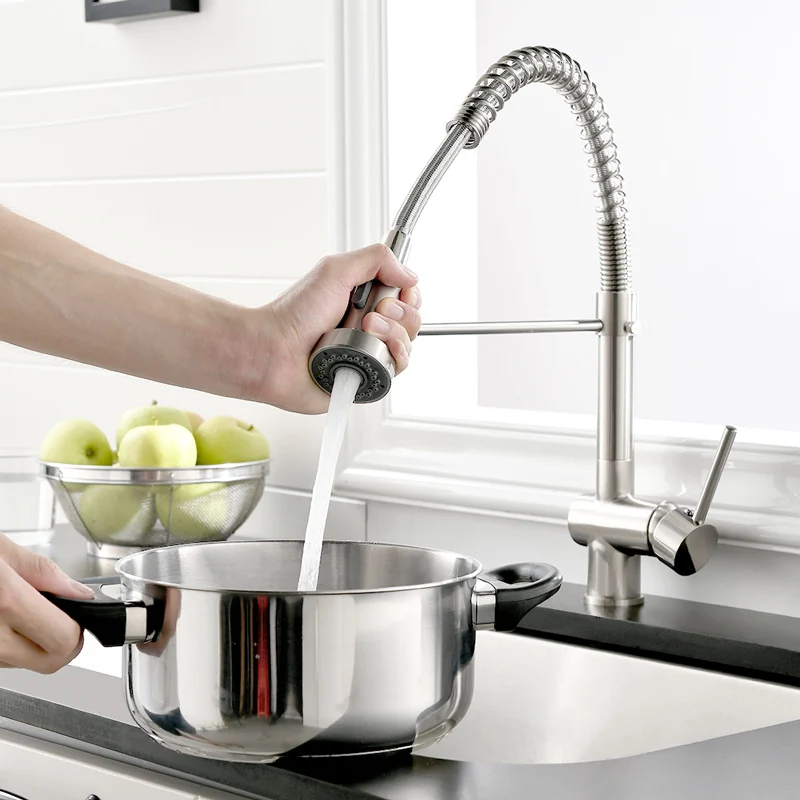 Fapully Kitchen Faucet Nickel Brushed Deck Mounted Hot and Cold Water Spring Pull Down Spray Spout Kitchen Mixer Tap 999-33N Fapully Kitchen Faucet Nickel Brushed Deck Mounted Hot and Cold Water Spring Pull Down Spray Spout Kitchen Mixer Tap 999-33N