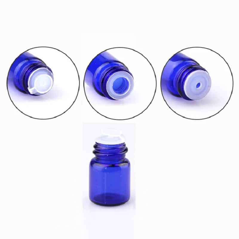 

1ML 2ML 3ML Essential Oil Bottle Empty Glass Blue Refillable Cosmetic Container Black Cap Essence Sample Vial with Inner Plug