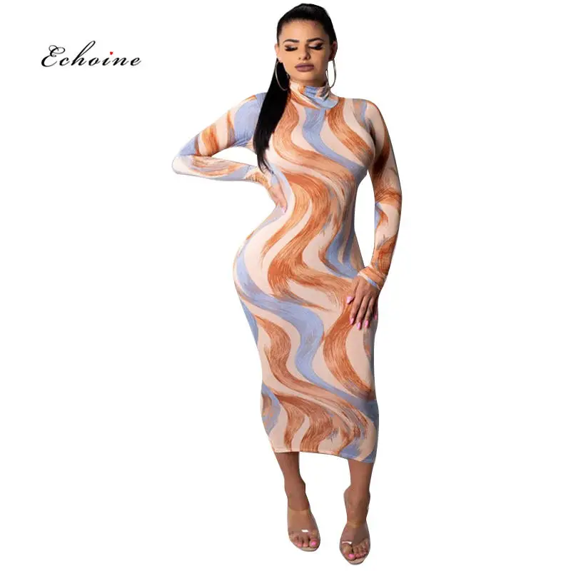 

Echoine Women Sexy Dress Curve Print Turtleneck Multicolor Snakelike Long Sleeve Bodycon Ankle-Length Evening Party Vestidos