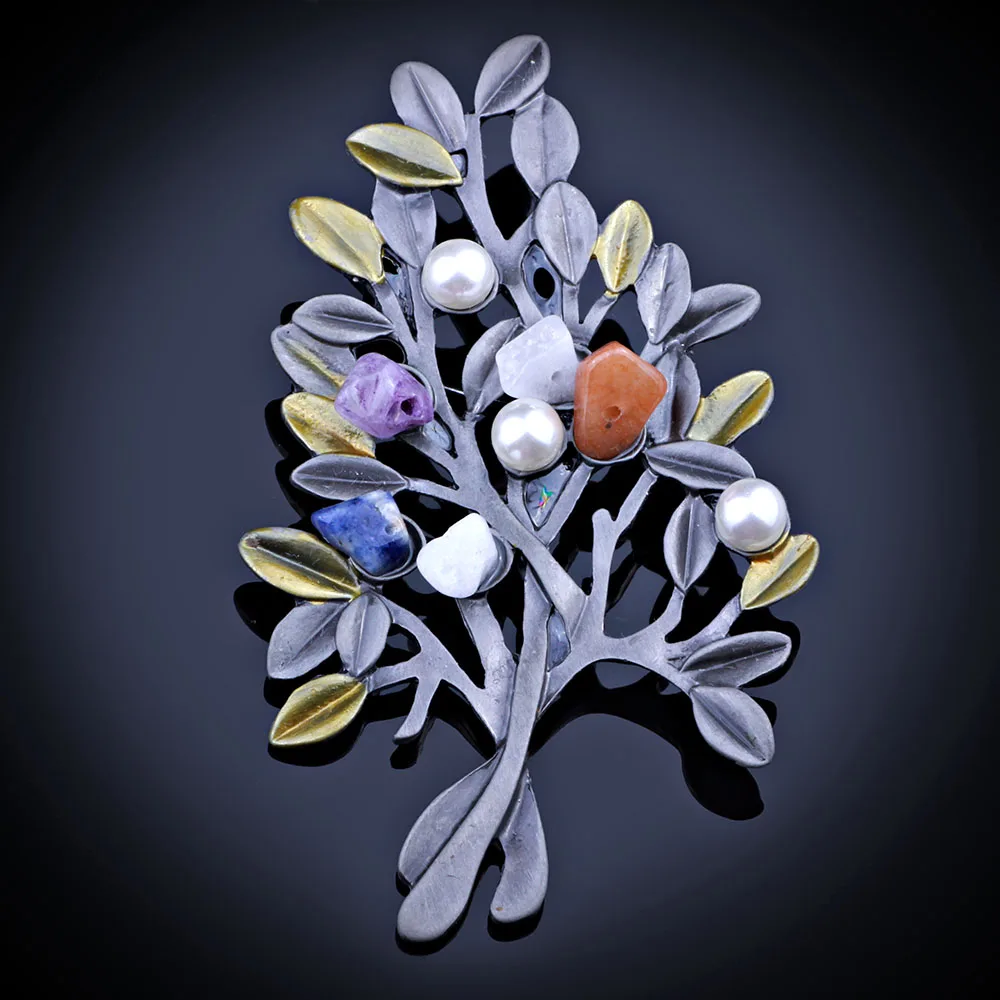 Black Metal Natural Stone Brooch Pendant Accessories Retro Tree Design
