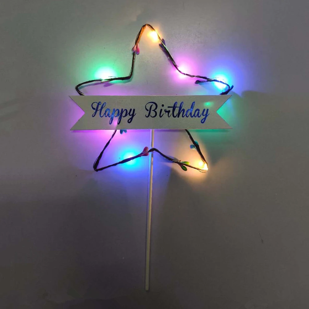 

Party Supplies Happy Birthday Card Inserts Decoration Colorful Led Battery Powered DIY Flag Glitter Star Shape Cake Topper Light