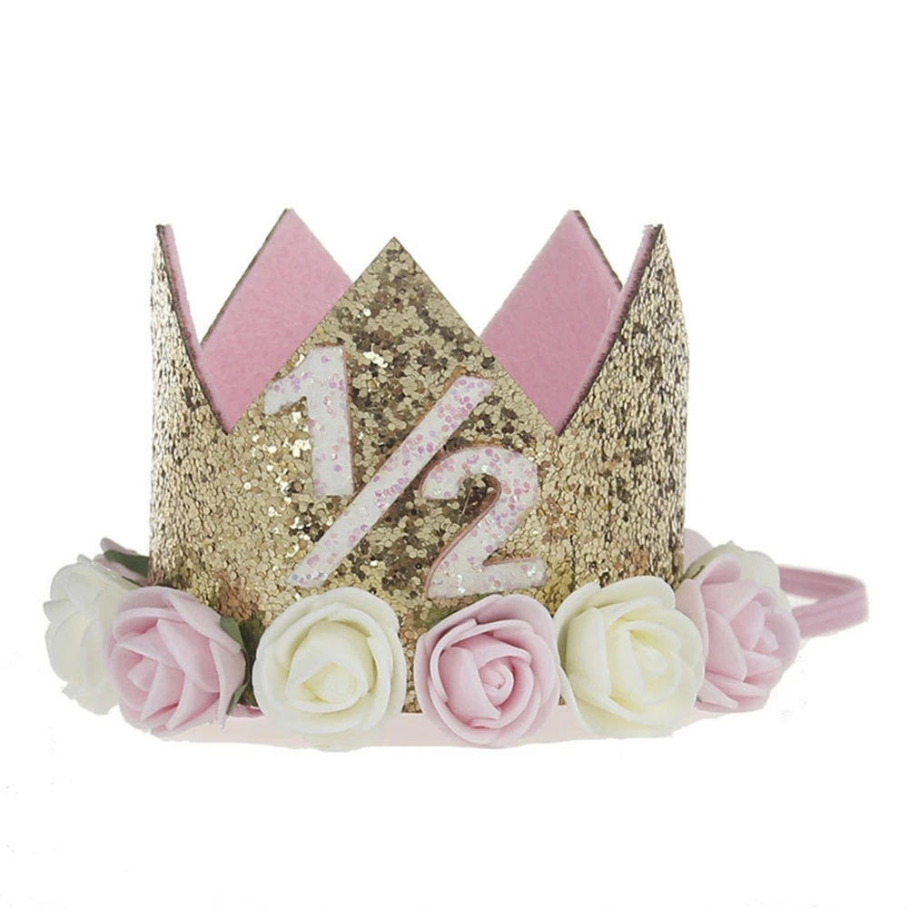 Детские вечерние шапочки с цветами для первого дня рождения, повязка на голову с короной, От 1 до 3 лет, шапка принцессы с цифрами для дня рождения, праздничный головной убор для младенцев