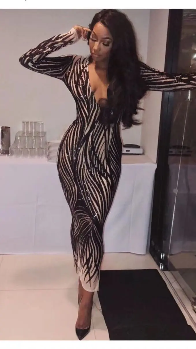 

New Arrival 2018 Beige Black Knee-Length Sequined Long Sleeve V Neck Backless Elegant Bandage Party Prom Vestidos Verano Dress