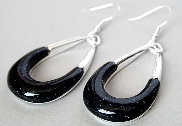 

VINTAGE BLUE SAND STONE HUGE 925 SILVER HOOK EARRING 2 1/2"