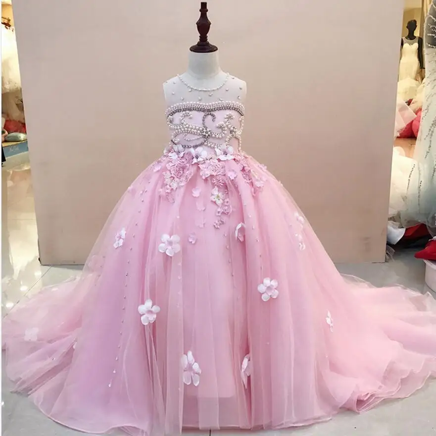 

Glizt Trailing Flower Girl Wedding Dresses Bead Appliques Lace Girl Party Princess Birthday Dress First Communion Gown