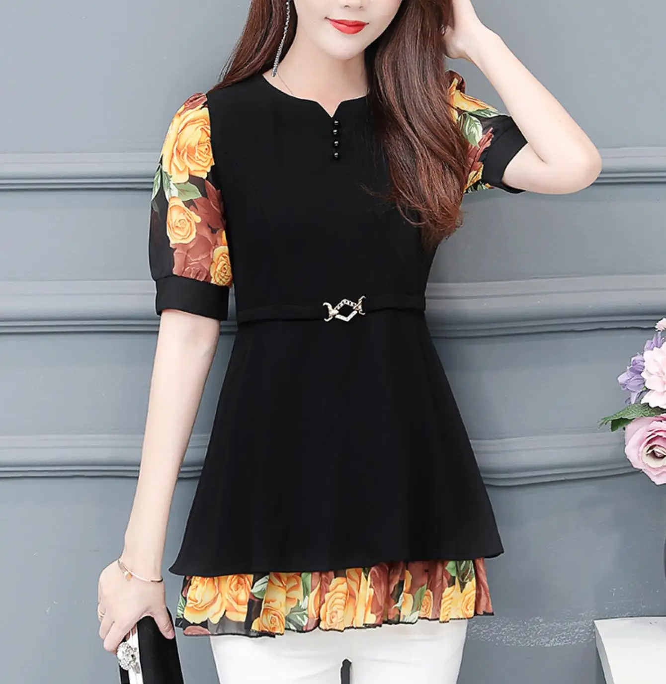 

2018 Fashion elegant chiffon women blouse shirts Floral printing Long Sleeve women's clothing Plus Size 5XL women's tops Blusas