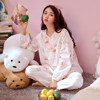 

2019 Spring Autumn Pajamas Sets for Women Long Sleeve Pyjama Cute Girls Cartoon Flamingo Sleepwear Homewear Pijama Mujer Clothes