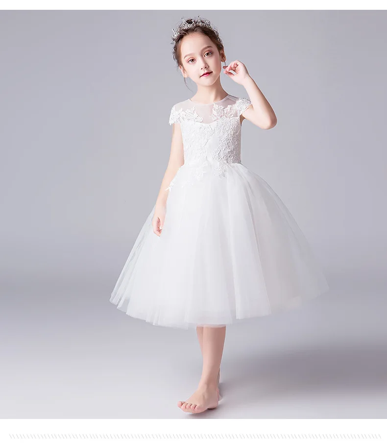 Элегантный белый тюль платье с цветочным узором для девочек для свадеб для крещения праздничное платье Принцесса платье короткий рукав платье для первого причастия