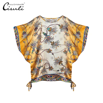 

CISULI 100% Silk Satin Printed Soft Shiny Blouse Women Fashion Summer Autumn Shirts New Arrival Short Sleeve Shirt Top Female