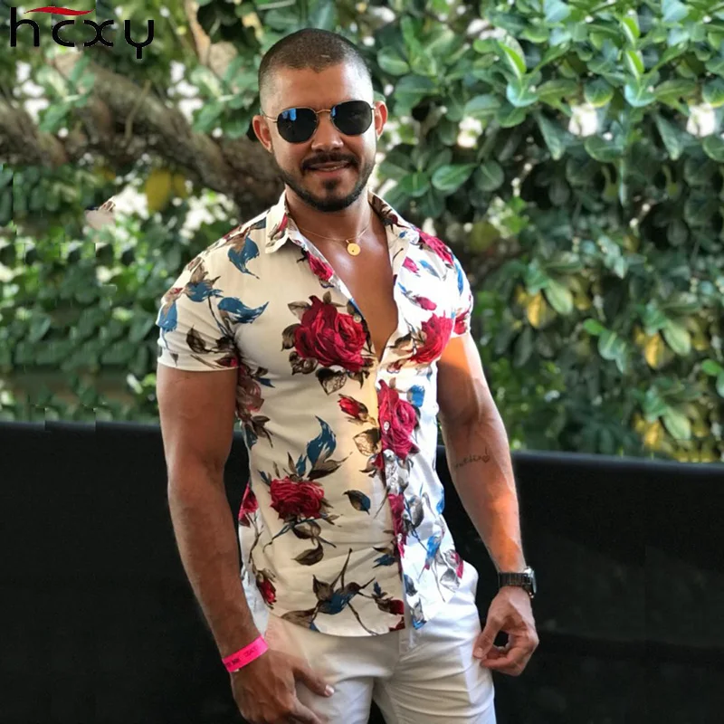 Meilleur HCXY 2018 D été Mode Hommes Chemise À Manches Courtes Floral Chemise Hommes Vêtements Tendance Hommes Casual Fleur Chemises Taille m 7XL