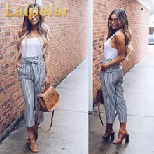 2018 Summer Women Casual Mid Waist Pants White Striped Bow Tie Drawstring Sweet Elastic Waist Pockets Comfortable Trousers grey casual drawstring waist zipper design pants with four pockets
