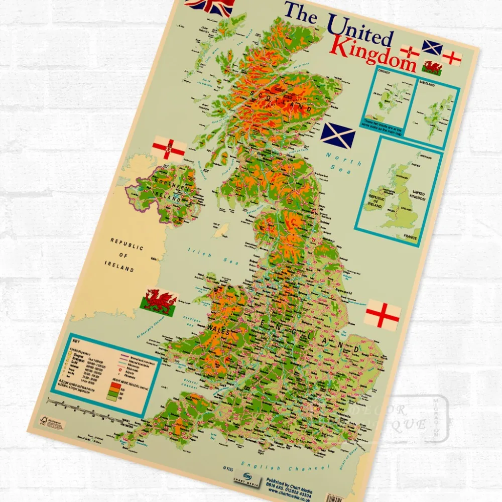 Map of The United Kingdom, Educational Poster Decorative DIY Wall