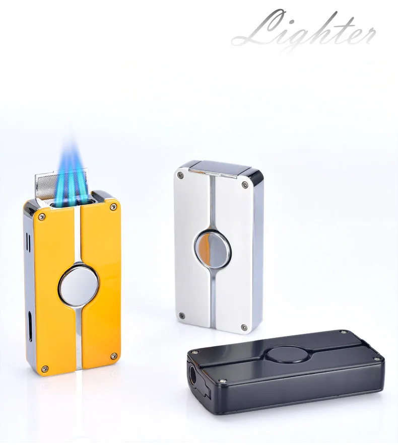 

new fashion TRIPLE FLAME Metal butane Gas Torch inflatable cigarette CIGAR LIGHTER torch with Cigar knife best gift for smoking