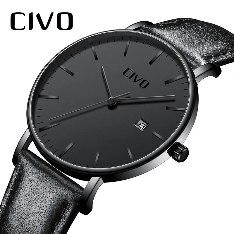 CIVO Men Watch Ultra Thin Minimalist Waterproof Date Wrist Watch For Men Black Genuine Leather Business
