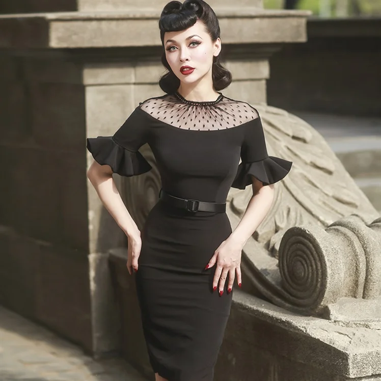 

Vintage Black Sexy Lace Bodycon Dresses O-Neck Ruffle Sleeve Package Hip Dress Summer Women Party Sundress With Belt