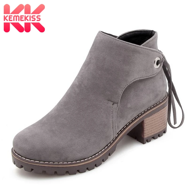 

KemeKiss Size 34-43 Women High Heel Boots Ankle Platform Shoes Woman Winter Warm Fur Boots Patchwork Lace Up Fashion Footwear