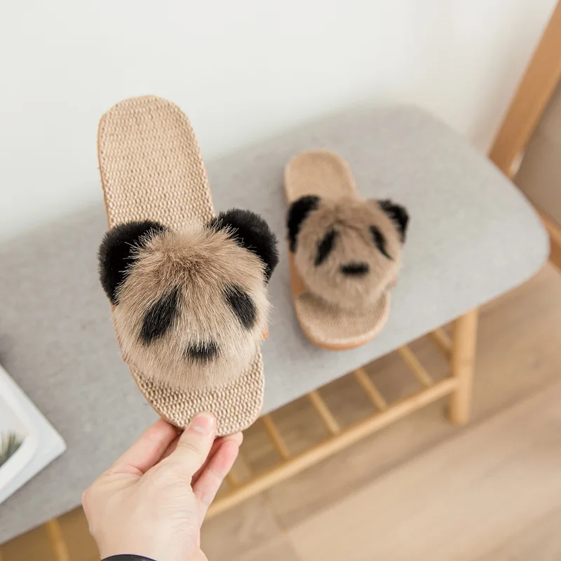 

New Slippers Summer Women Flax Slippers Cute Animal Panda Sandals Comfortable Non-slip Ladies Home Flip Flop Casual Indoor Shoes