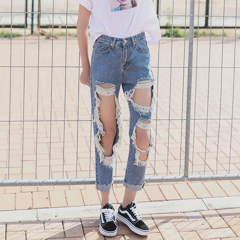 Solid Fashion Jeans for Women Hole Casual High Waisted Pencil Skinny Butt Lift Korean Pants | Женская одежда