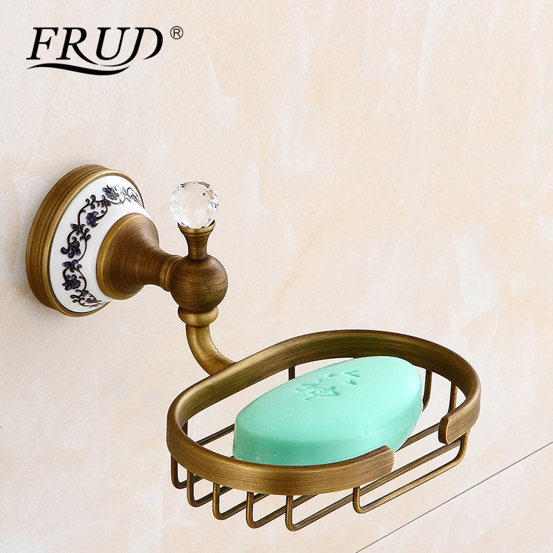 

FRUD Soap Dishes Antique Brass Soap Holder Carved Vintage Copper Soap Basket Bath Accessories With Crystal Ball Bathing Y18024