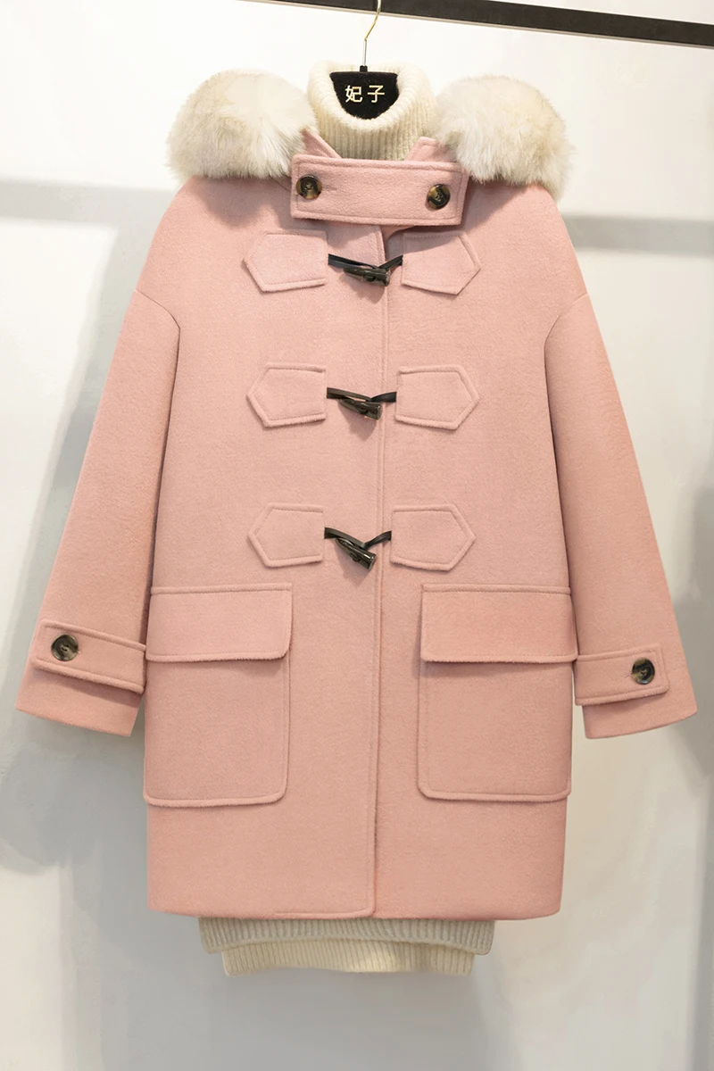 Шерстяная Куртка женская 2018 Зимняя мода новые роговые пуговицы с широкой талией свободные длинные шерстяные пальто розовый с капюшоном