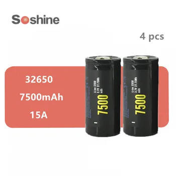 

4pcs Soshine NCR 32650 battery 3.7V 7500mAh Rechargeable battery Li-ion Battery Discharge 15A Max 25A with PCB Protected Board