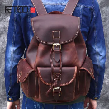 

Top Quality Crazy Horse Cowhide First Layer Knapsack Male Computer Bag School Bags Vintage Genuine Leather Rucksack Men Backpack