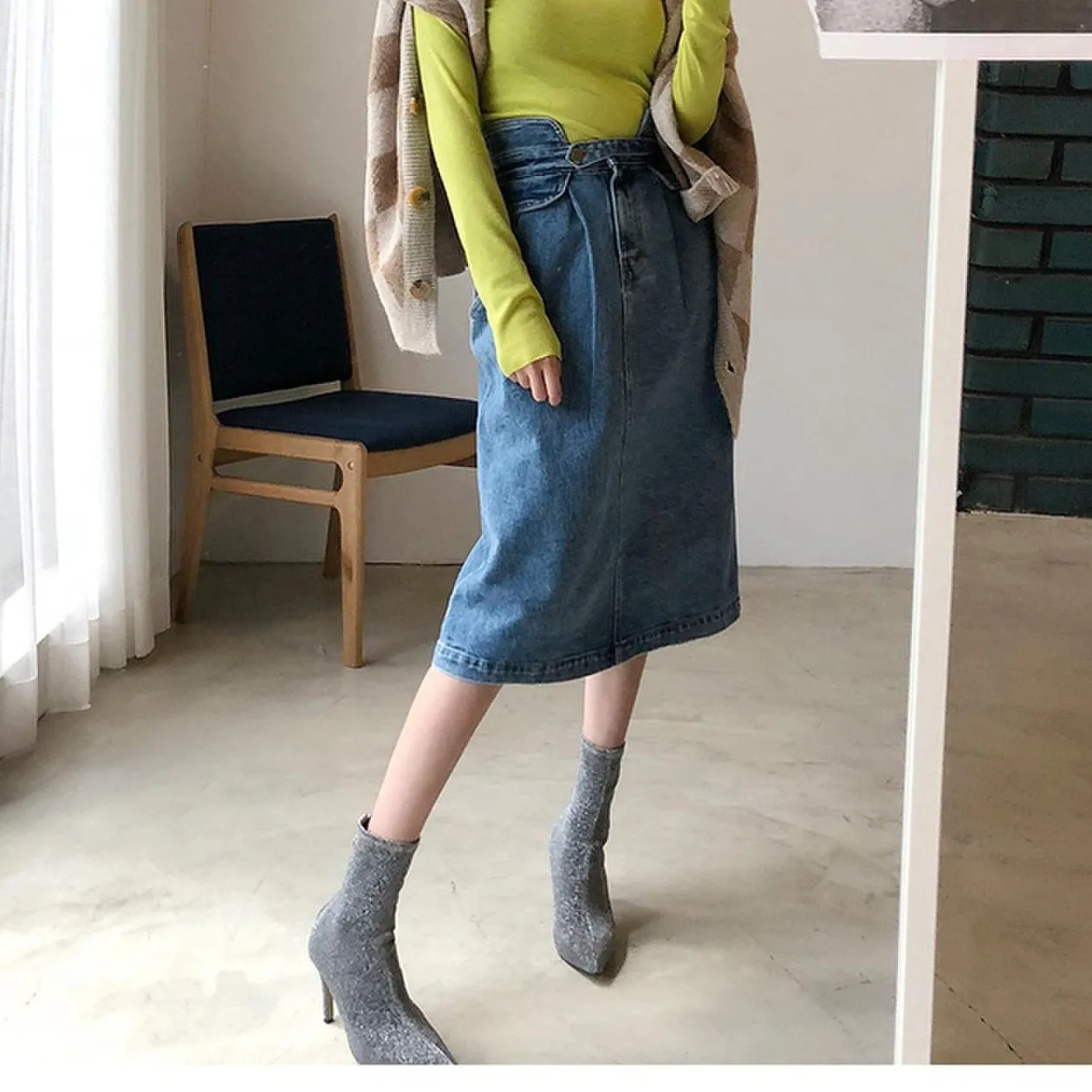 Весна-лето, тонкая джинсовая юбка миди с высокой талией, женские свободные прямые юбки, женская уличная джинсовая юбка