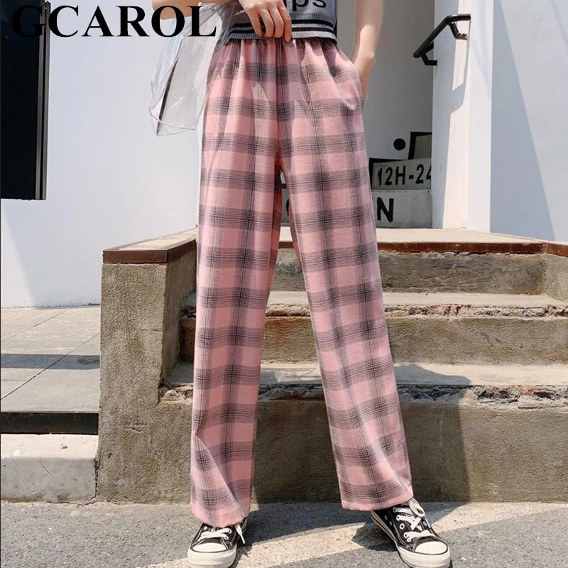 

GCAROL 2019 Women Plaid Pattern Wide Leg Pants Elastic Waist Cotton Linen Sweatpants Casual High Street Draped Trousers S-XL