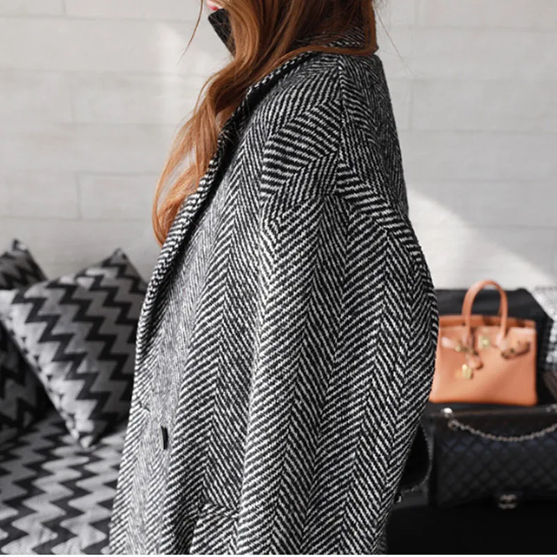 TREND-Settler 2018 Spring Fashion Casual Striped Wool Coat Women Long Ladies Black Double Breasted Coat for Women