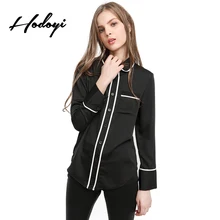 Hodoyi Black White Patchwork Pajamas Style Shirt Long Sleeve Single Breasted Autumn Blouses Office Lady Polo Collar Female Shirt