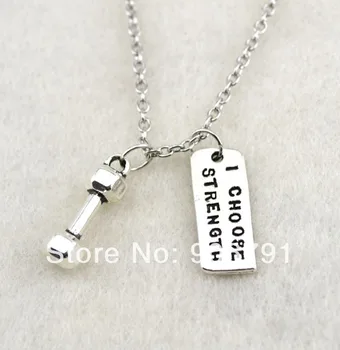 

Antique Silver plated dumbbell and rectangular i choose strength charms Chain Necklace,30pcs a lot