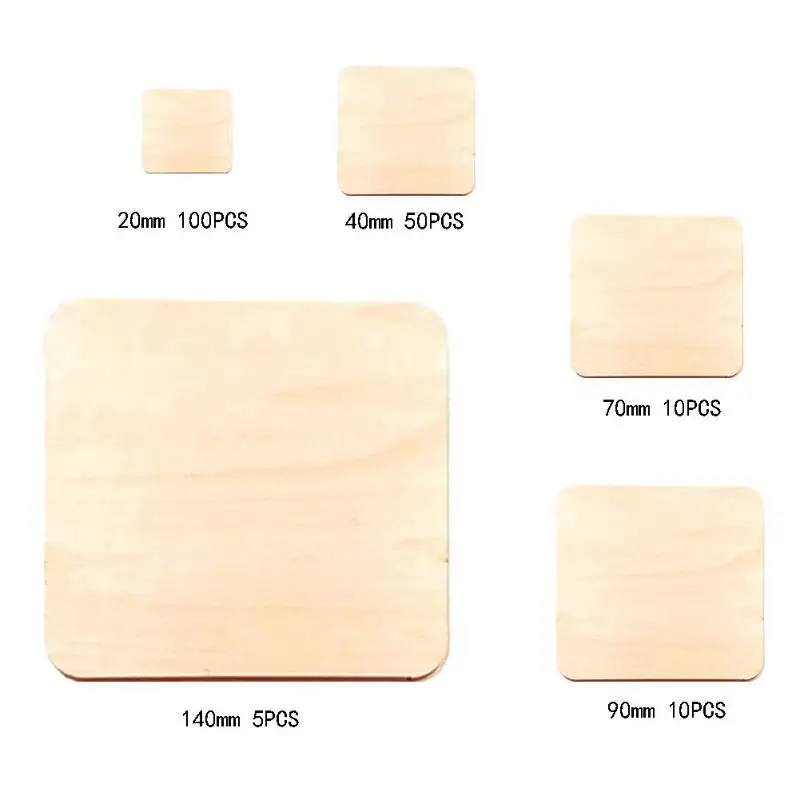 5/10/50/100pcs 20/40/70/90/140mm Unfinished Wood Square Blank Wooden Cutouts Natural Slices for Crafts DIY Art Ornaments Home