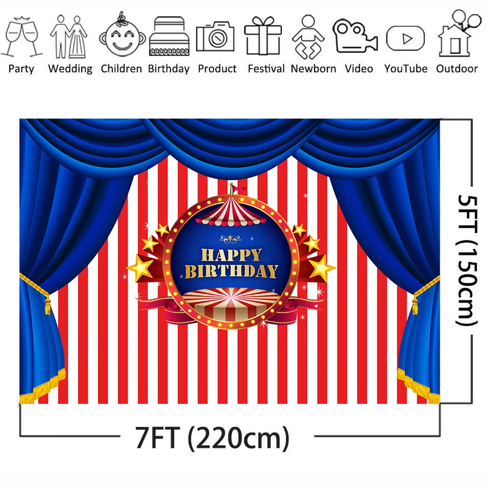 Royal Stage Style Birthday Backdrop for Photography Circus Party Photo Background White and Red Stripes Blue Curtain Backdrops