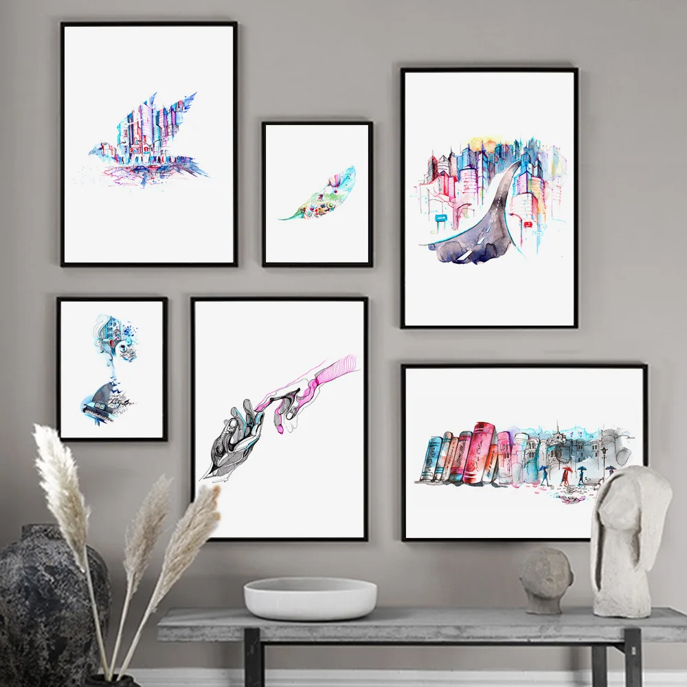 Abstract City Building Hand Book Feather Nordic Posters and Prints Wall Art Canvas Painting Pictures For Living Room Decor | Дом и сад