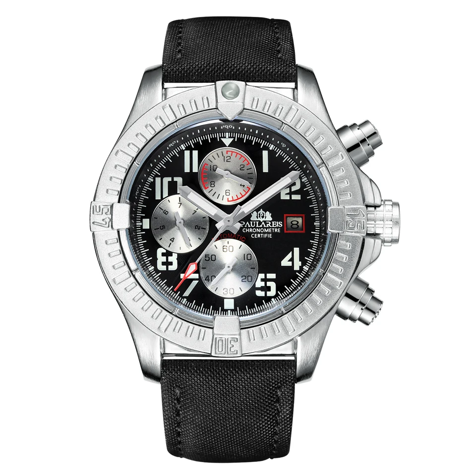 Мужские автоматические механические брезентовые стильные многофункциональные роскошные часы из натуральной кожи с датой и месяцем - Цвет: Silver Black Panda 2
