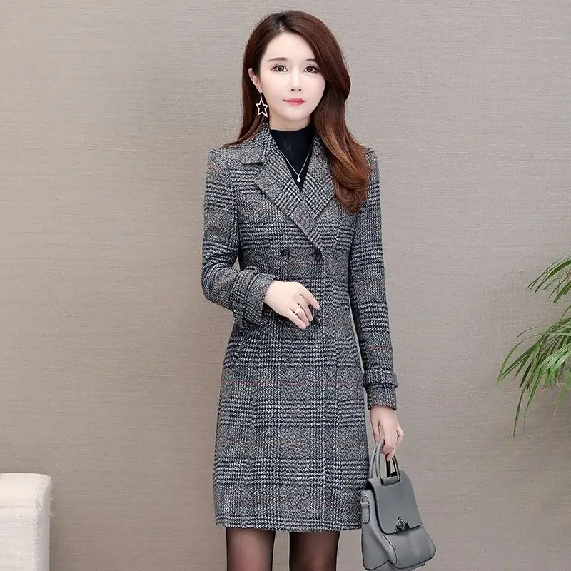 Осень-зима, шерстяное женское клетчатое пальто с карманами, двубортное длинное пальто для офиса, повседневное женское приталенное пальто с длинным рукавом