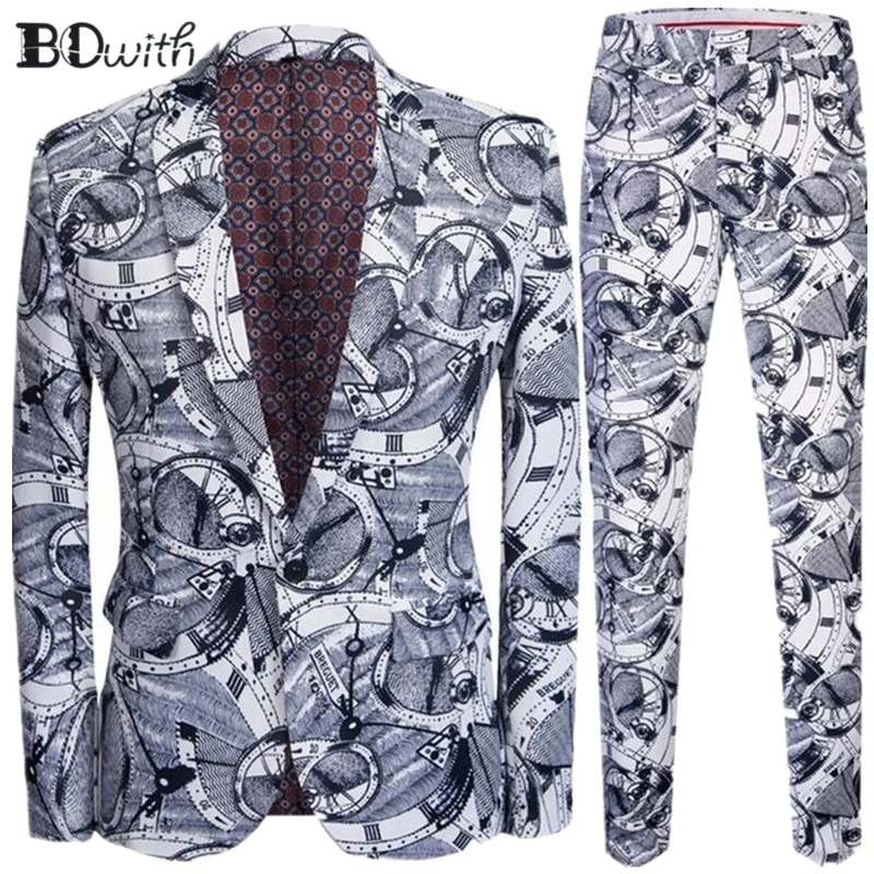 

2019 Newest Men Blazer 2 Pcs(Jacket+Pants) Gray Clock Printed Casual Notched Collar Men Suit for Party Holiday