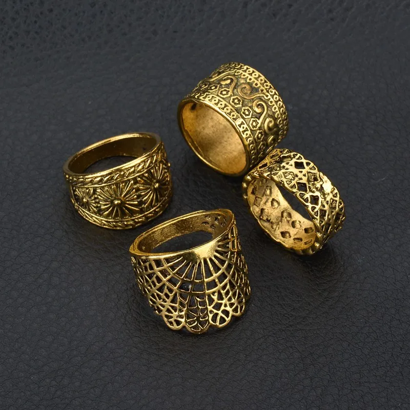 Винтаж Для женщин миди кольца тибетское серебро/золотистый гравированный цветок из полотого металла палец пальца браслет ювелирные украшения в лесбийском стиле 4 шт./компл