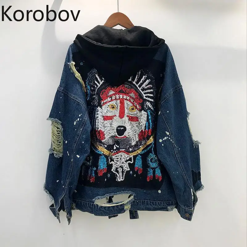 

Korobov Korean Cartoon Sequined Women Hooded Denim Coats Harajuku Hole Single Breasted Jacket Outwear Hip Hop Coat 78156