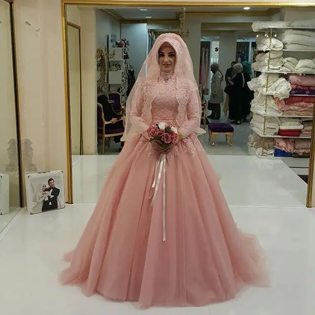 Saudi Arabia Style Pink Princess Muslim Wedding Dress  